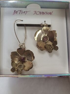 Betsey Johnson Gold-Tone Floral Butterfly Drop Earrings with Pink Stone